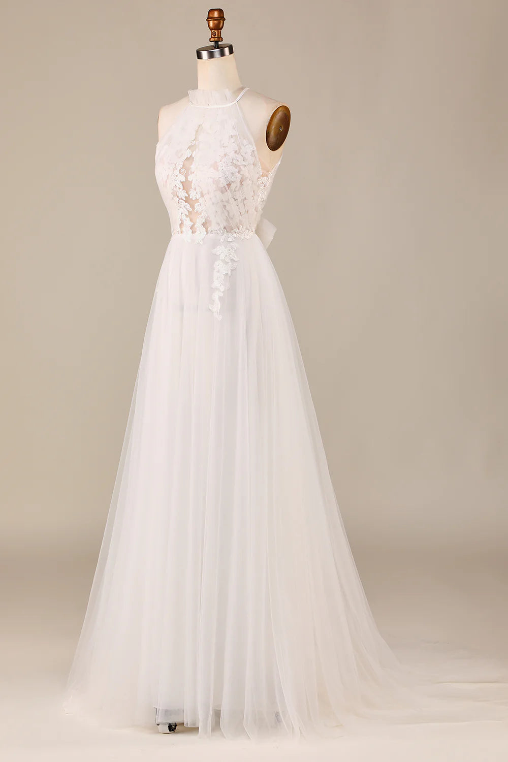 A Line Halter Neck Ivory Open Back Tulle Sweep Train Wedding Dress with Lace