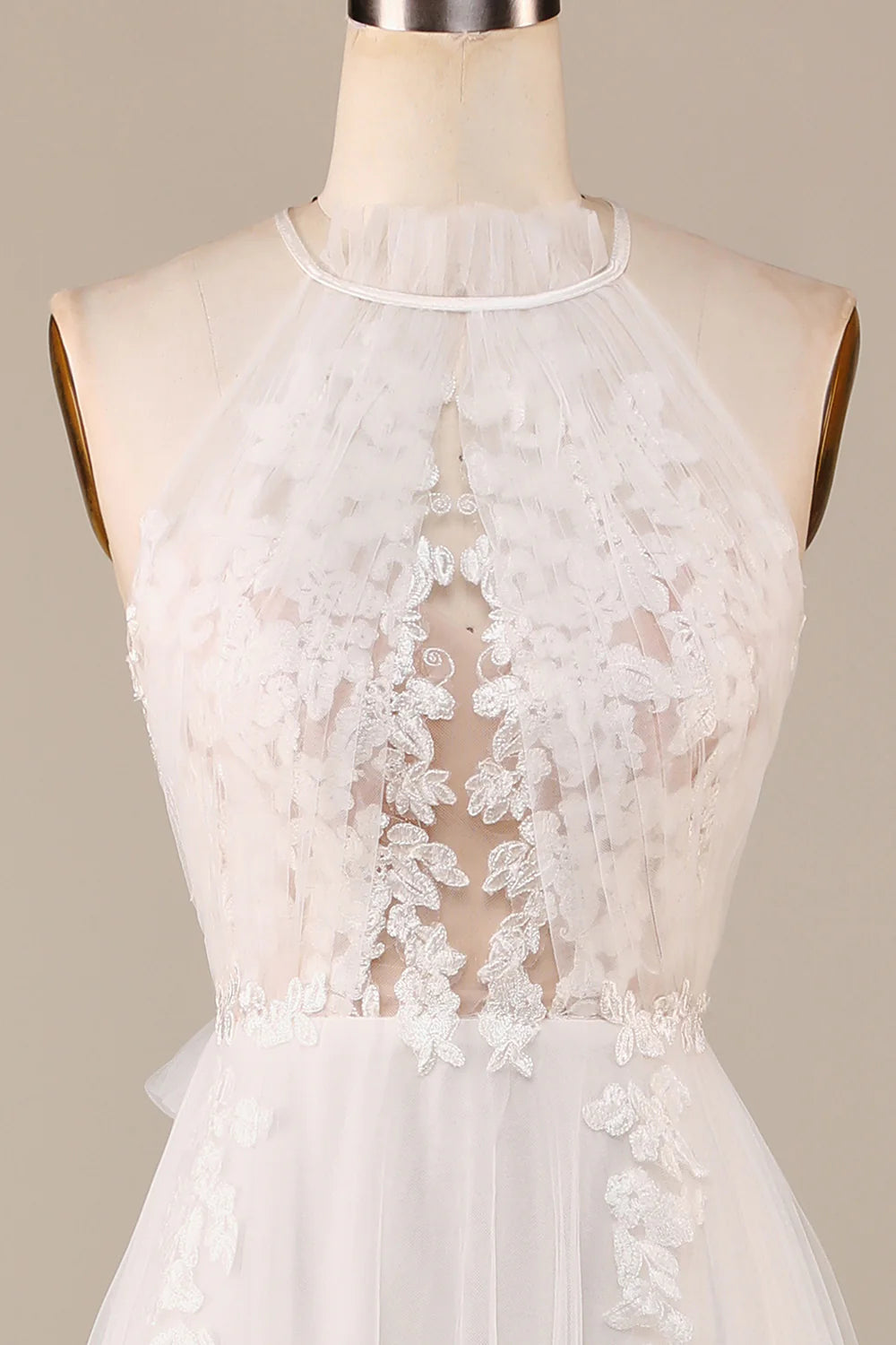 A Line Halter Neck Ivory Open Back Tulle Sweep Train Wedding Dress with Lace