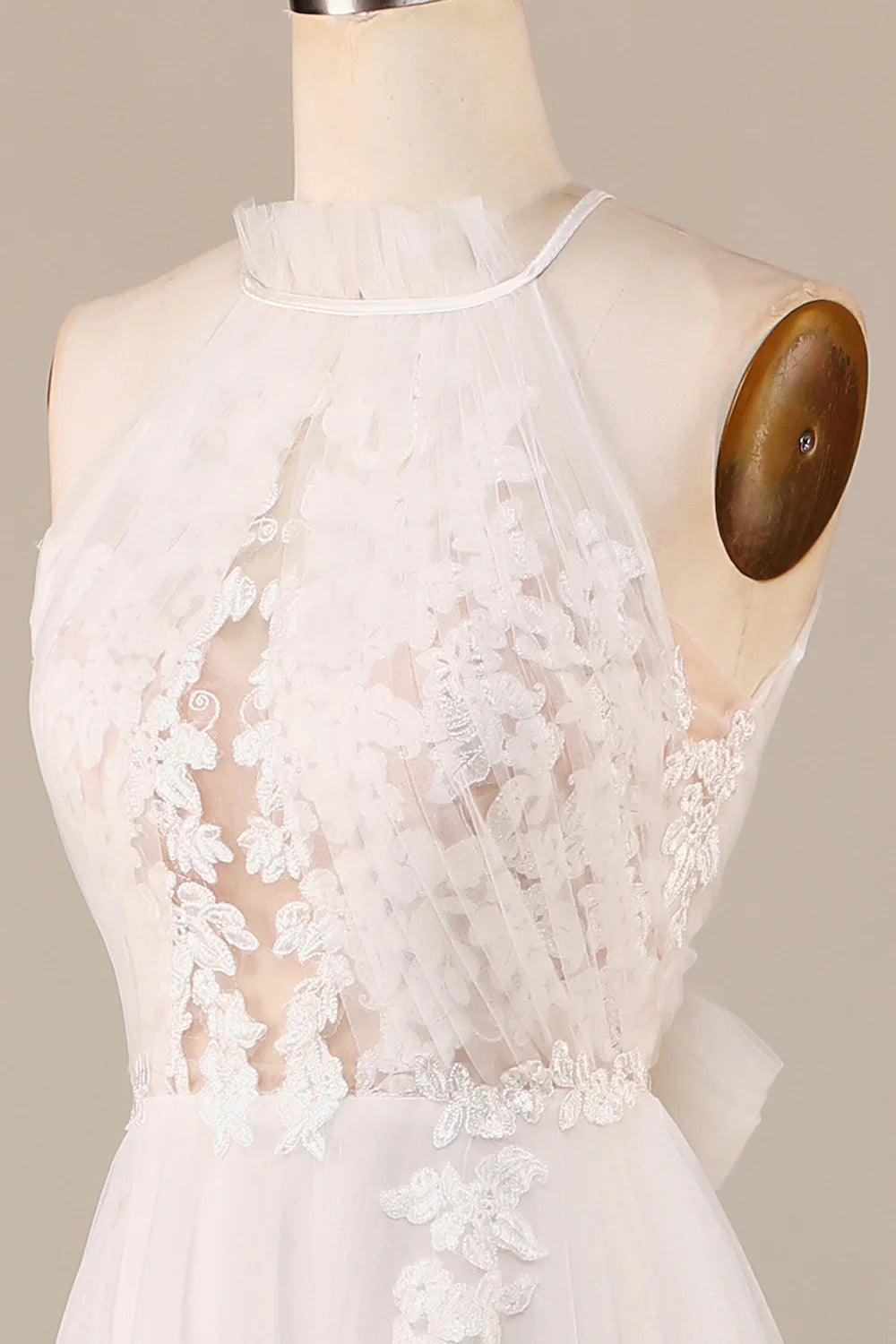 A Line Halter Neck Ivory Open Back Tulle Sweep Train Wedding Dress with Lace