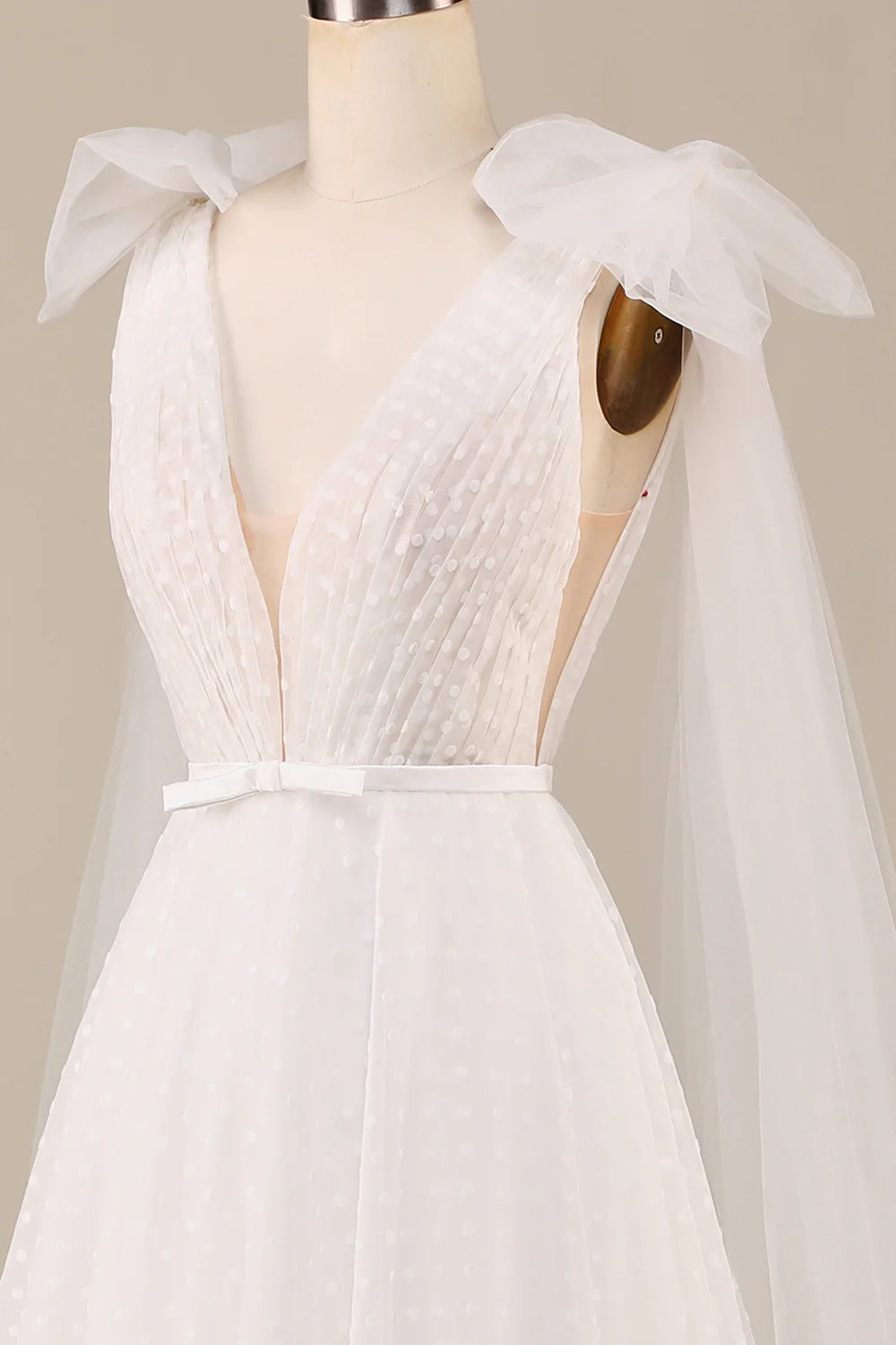 A Line V Neck Ivory Detachable Watteau Train Tulle Wedding Dress