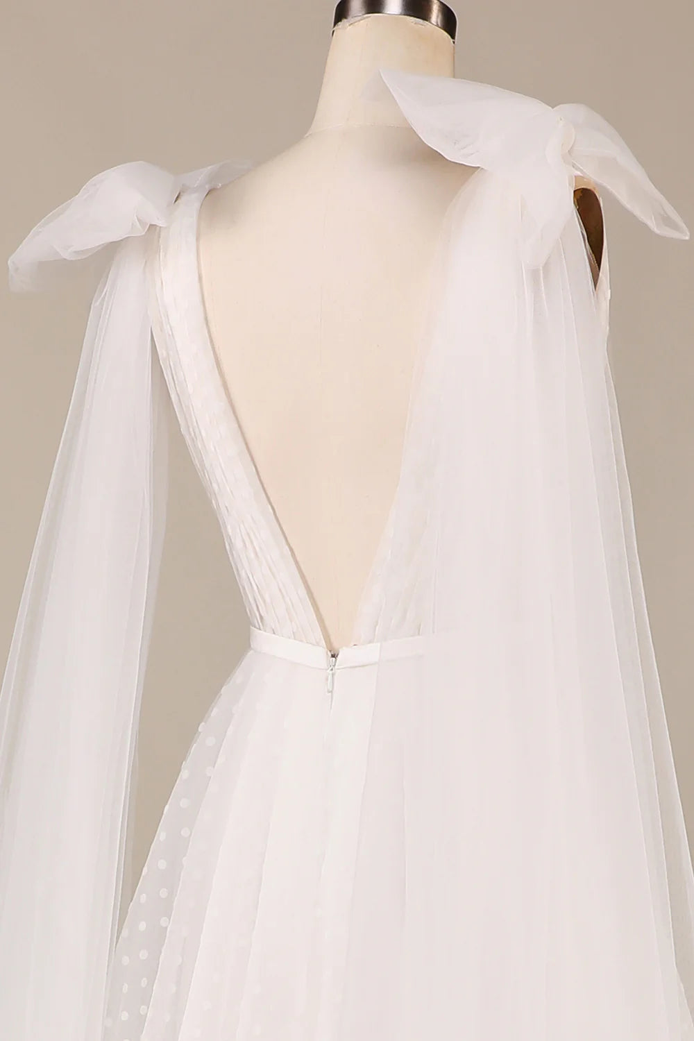 A Line V Neck Ivory Detachable Watteau Train Tulle Wedding Dress