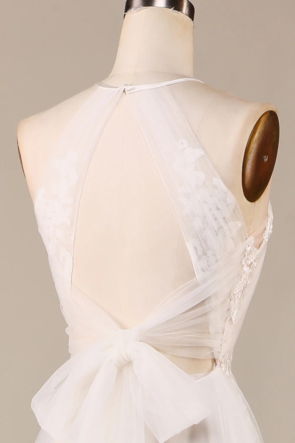 A Line Halter Neck Ivory Open Back Tulle Sweep Train Wedding Dress with Lace