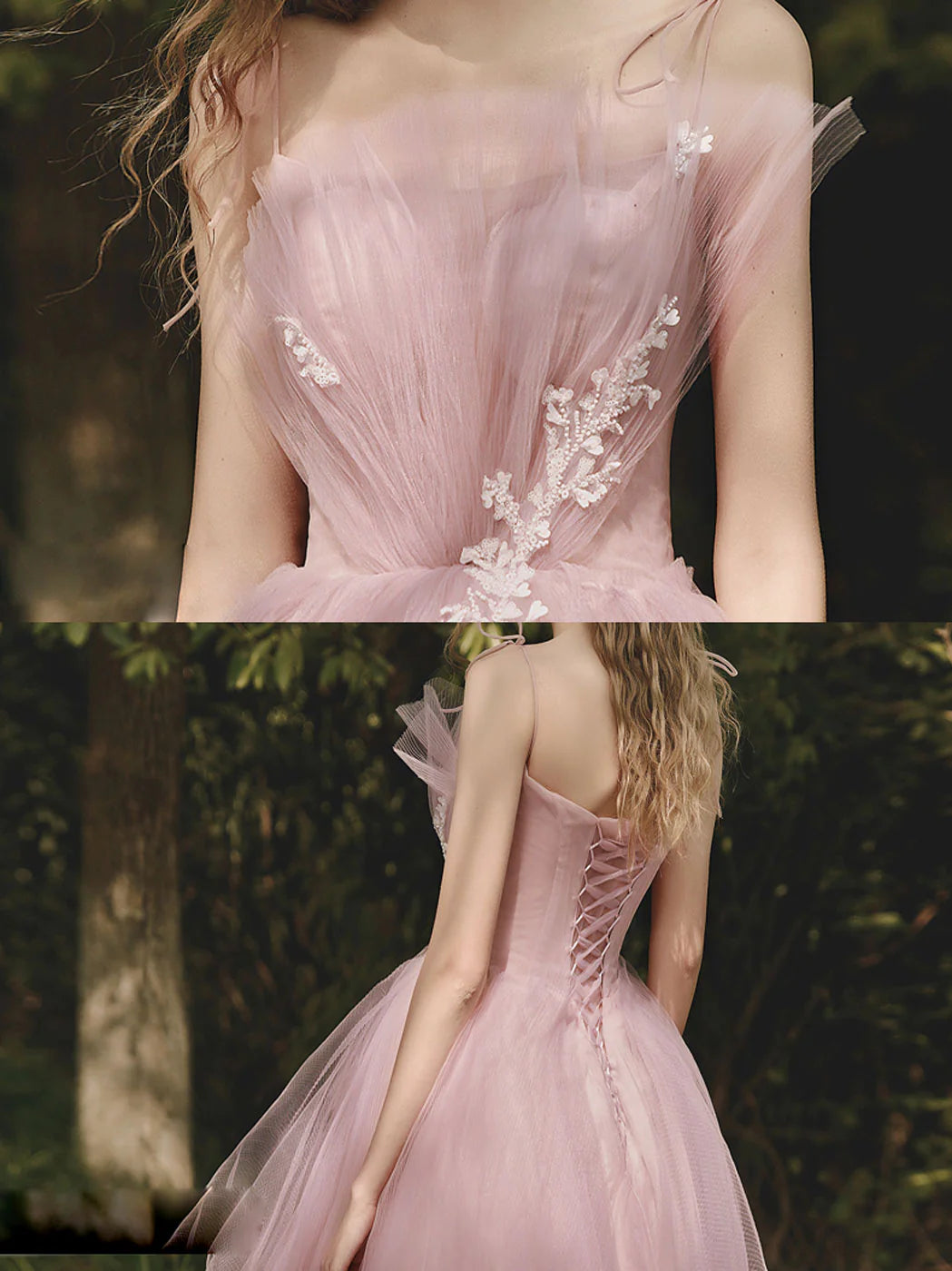 A line Tulle Pink Long Prom Dresses Formal Pink Prom Dress With