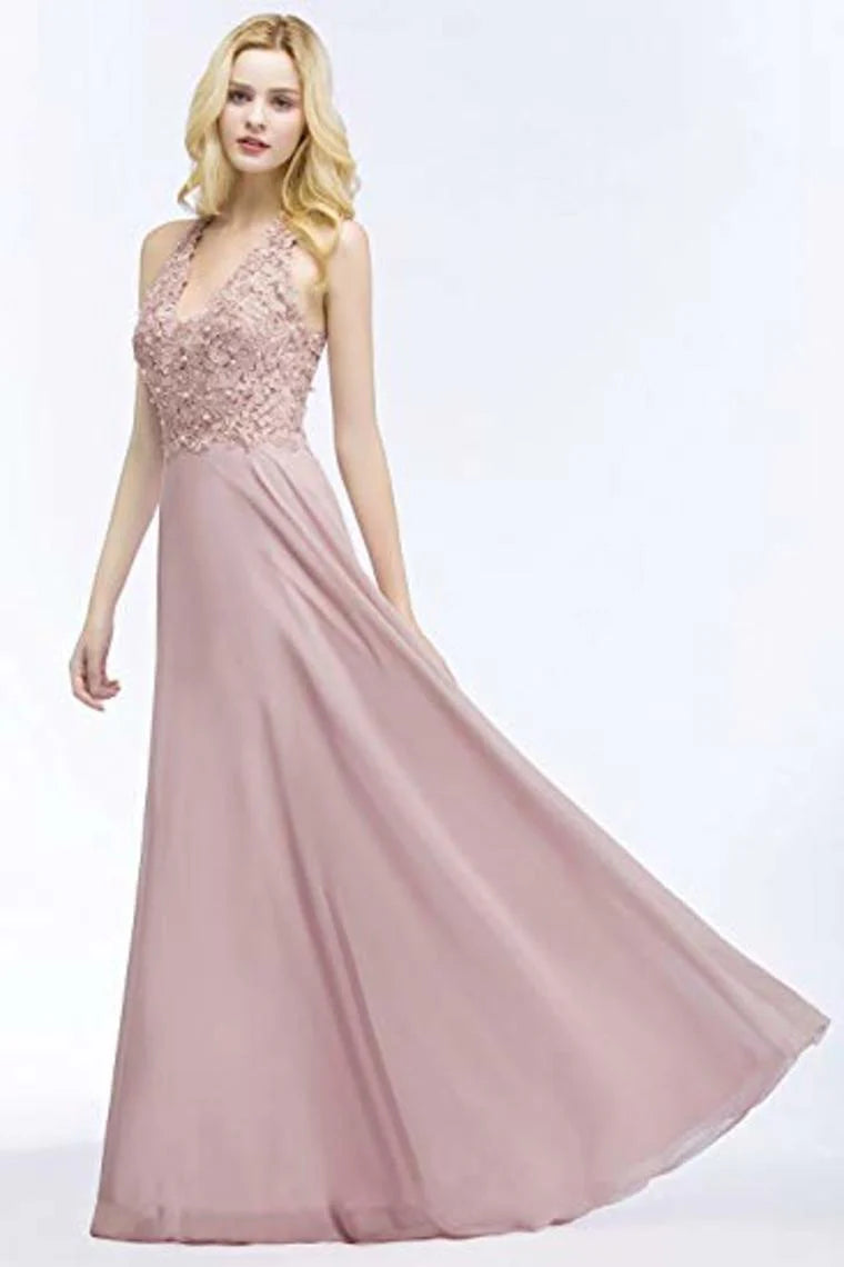 Noble lace chiffon formal dress with beaded stickers A-neck evening dress
