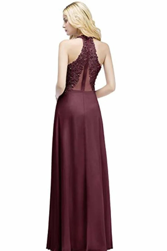 Noble lace chiffon formal dress with beaded stickers A-neck evening dress