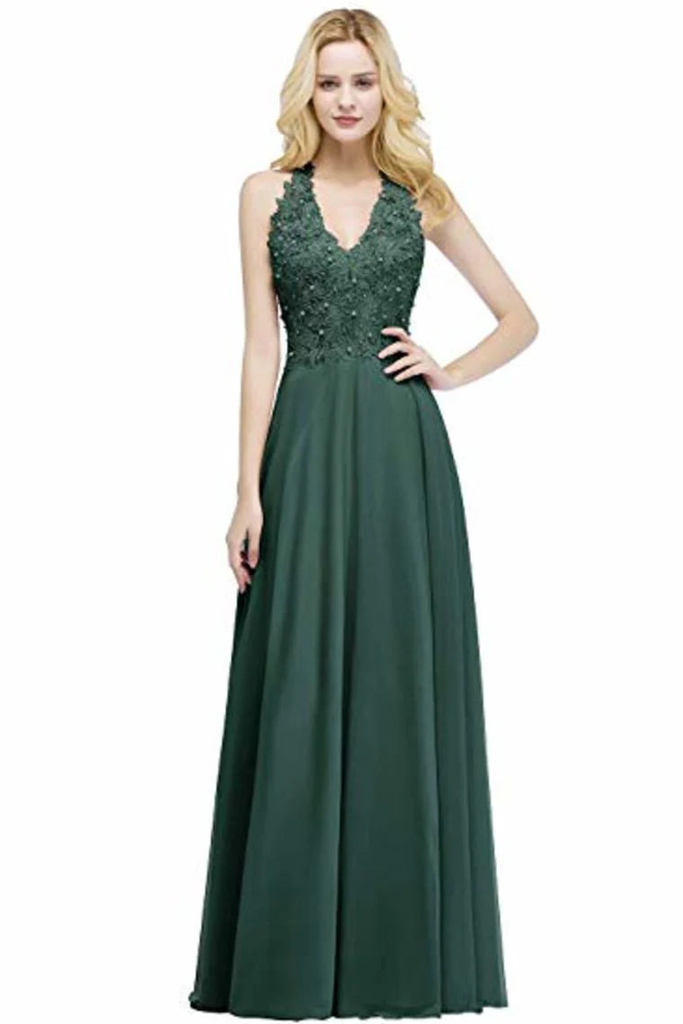 Noble lace chiffon formal dress with beaded stickers A-neck evening dress