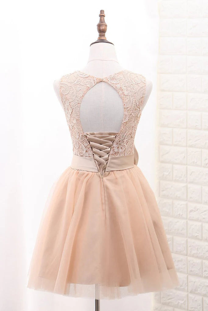 Lace Short Champagne Ball Dress Sleeveless Butterfly Knot Open Back Homecoming DressLace Short Champagne Ball Dress Sleeveless Butterfly Knot Open Back Homecoming Dress