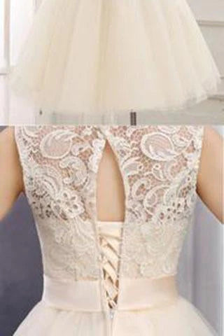 Lace Short Champagne Ball Dress Sleeveless Butterfly Knot Open Back Homecoming DressLace Short Champagne Ball Dress Sleeveless Butterfly Knot Open Back Homecoming Dress