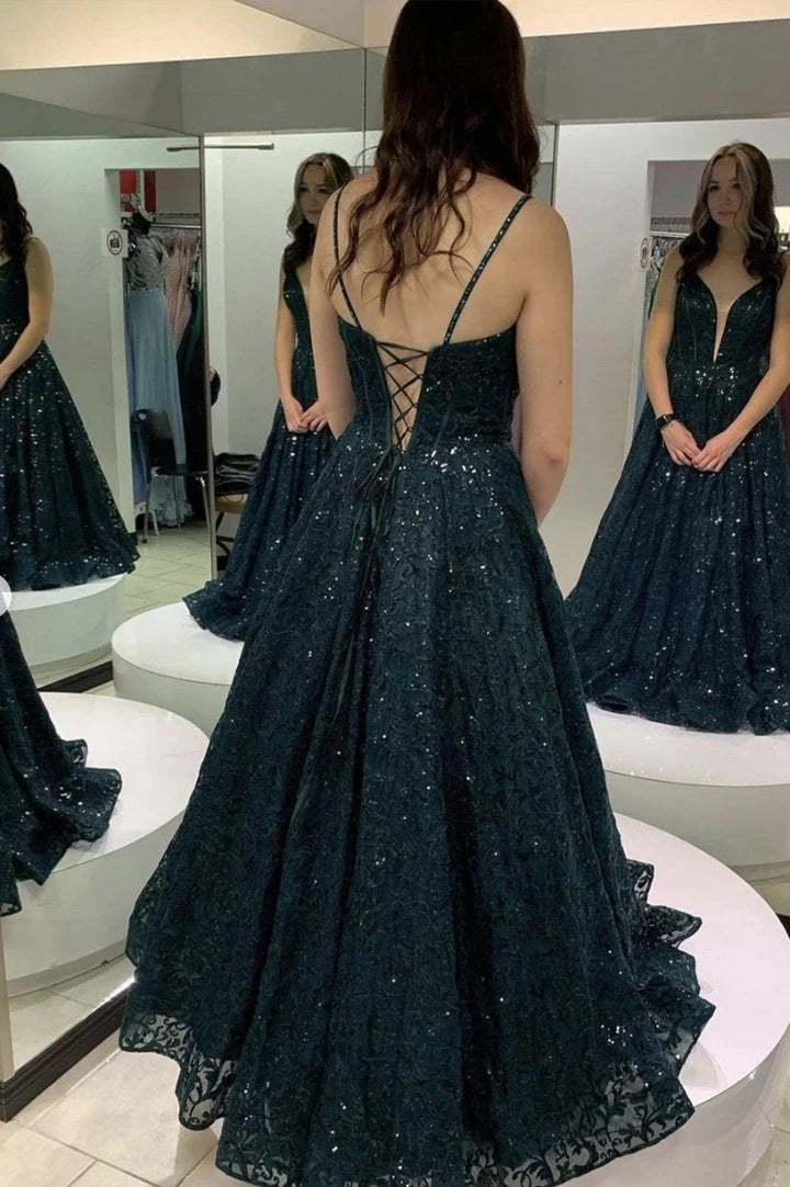 Shiny A-line elegant sheer lace sequin long dress