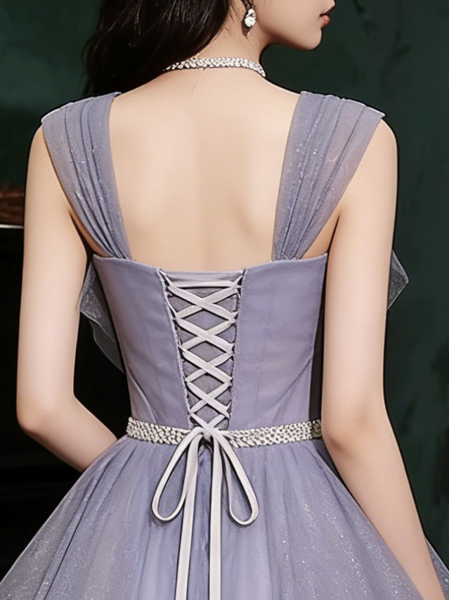 Lavender Sparkle Tulle Ball Gown Prom Dress with Sweetheart Neckline, Detachable Tulle Straps, Crystal Waistband & Lace-Up Back