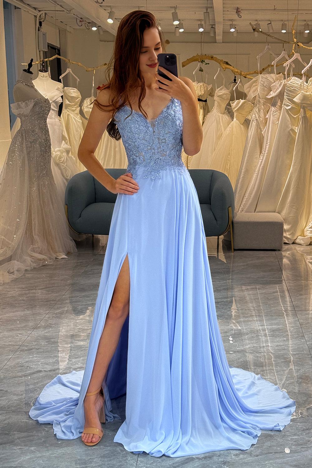 A-Line Double Straps Lace Top Long Prom Party Dress