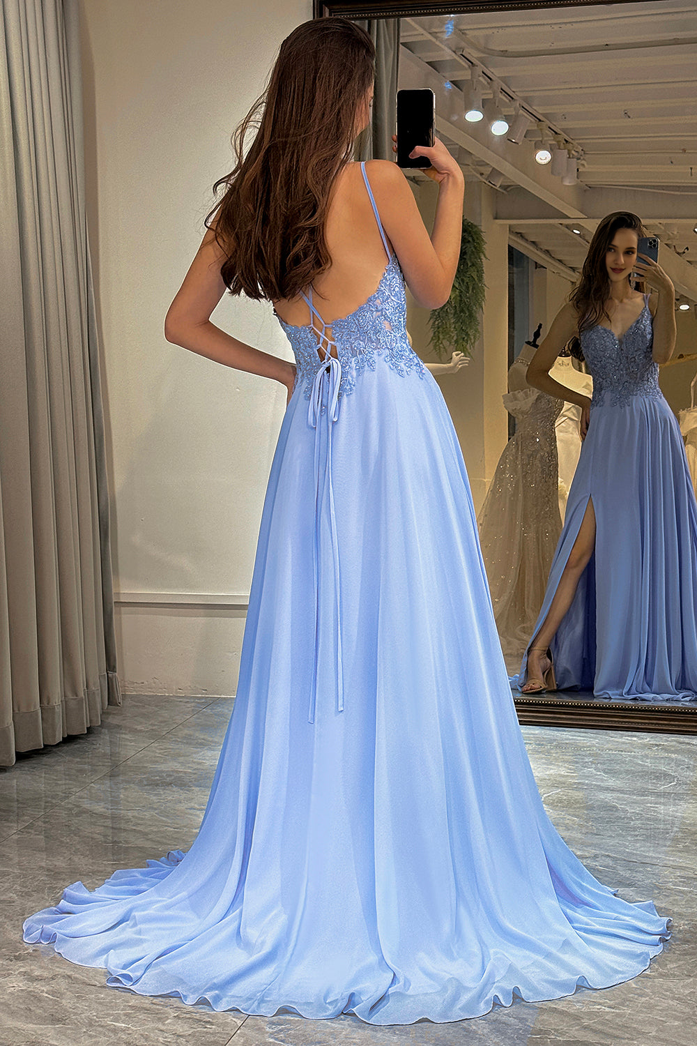 A-Line Double Straps Lace Top Long Prom Party Dress