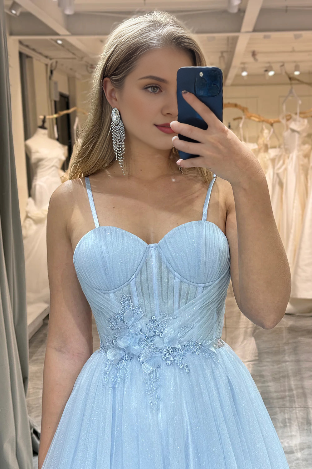 A Line Spaghetti Straps Lace Up Tulle Long Prom Dress