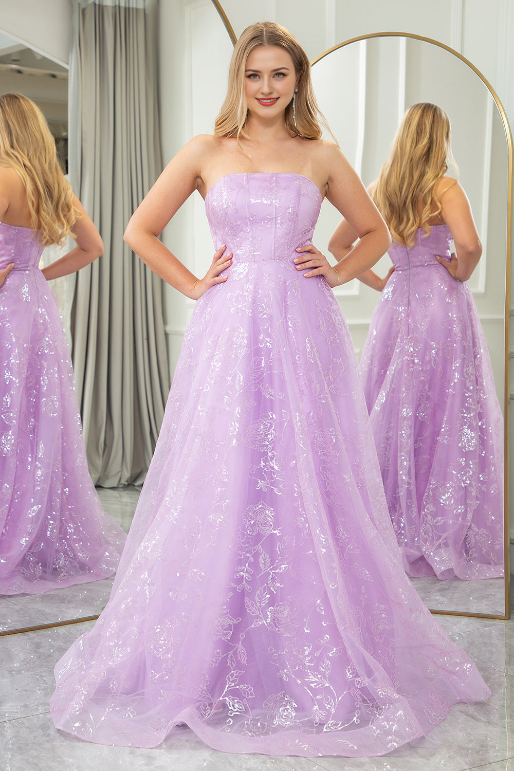 A-Line Strapless Tulle Long Prom Dress With