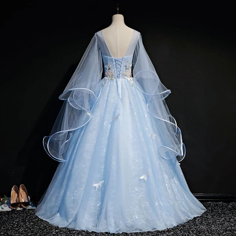 Long sleeved elegant high-end and atmospheric light blue strapless tulle dance dress