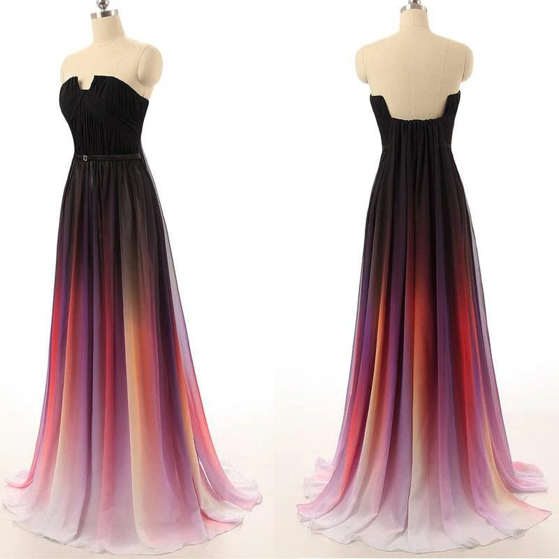 Long sexy high-end rainbow gradient sleeveless black navy blue chiffon A-line dance party cocktail wedding dress