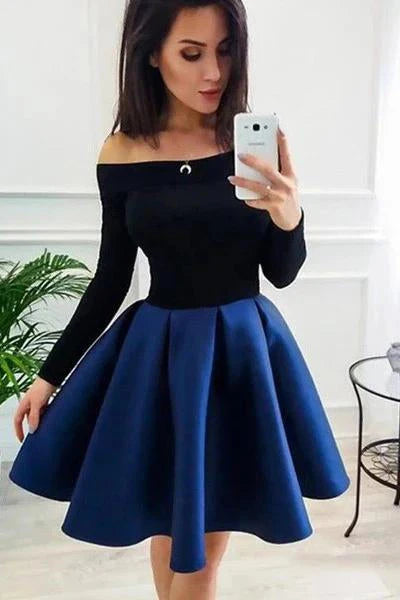 Long-sleeved off-the-shoulder satin Royal blue homecoming cocktail dress