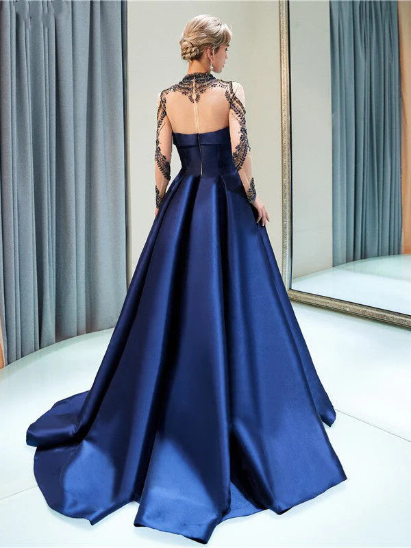 Long sleeved ball high neck long sleeved ball satin evening dress