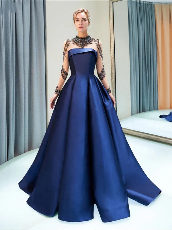 Long sleeved ball high neck long sleeved ball satin evening dress