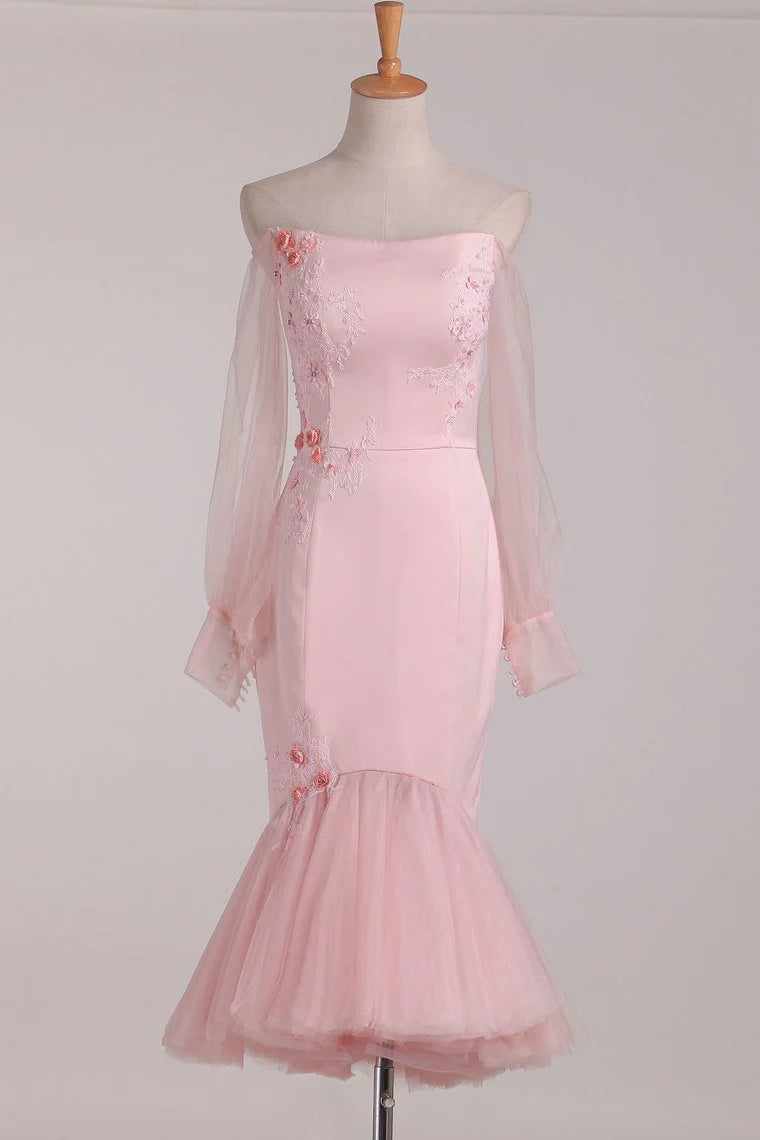 Long sleeved mermaid satin sheer back to school dance dress adorned with stickers and handmade flowers