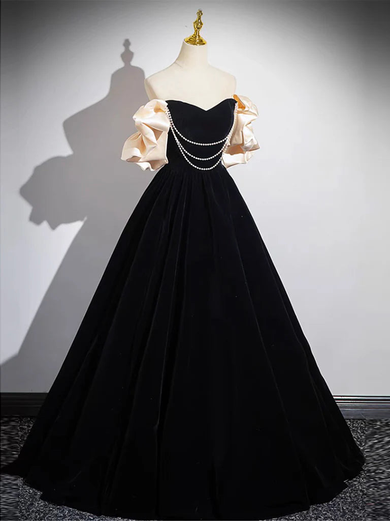 A-Line Black Velvet Long Evening Dress Black Long Evening Dress