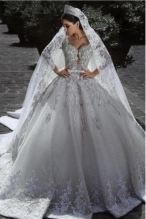 Luxury ball dress sweet long sleeved lace sticker thin gauze, long wedding dress