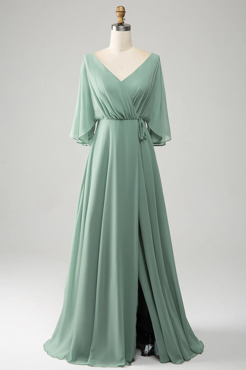 A Line V Neck Pleated Long Chiffon Bridesmaid Dress with Slit