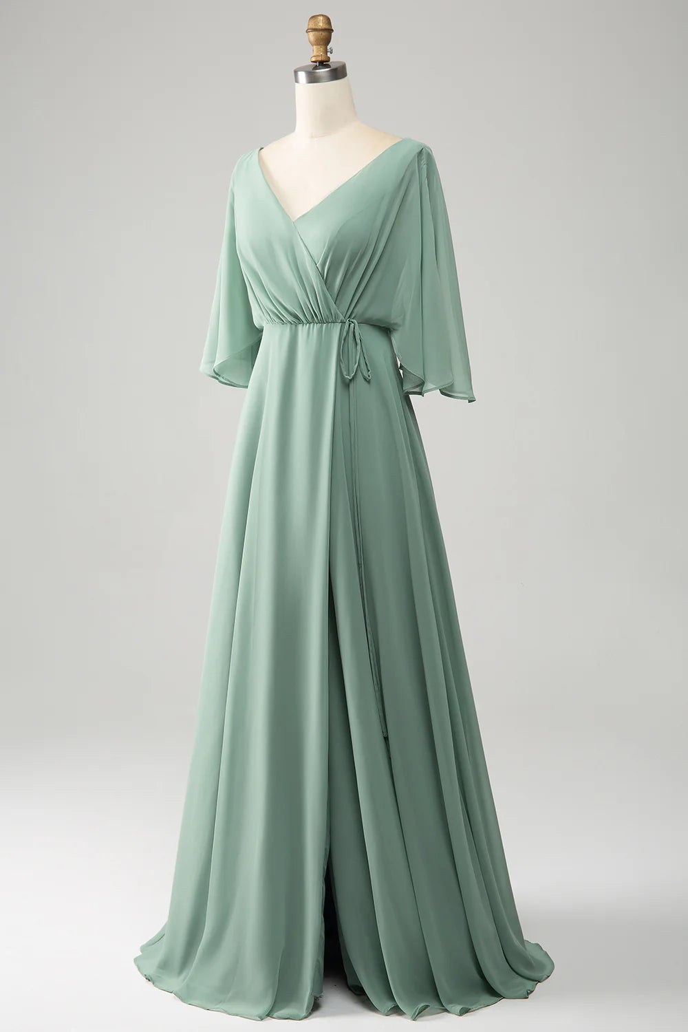 A Line V Neck Pleated Long Chiffon Bridesmaid Dress with Slit