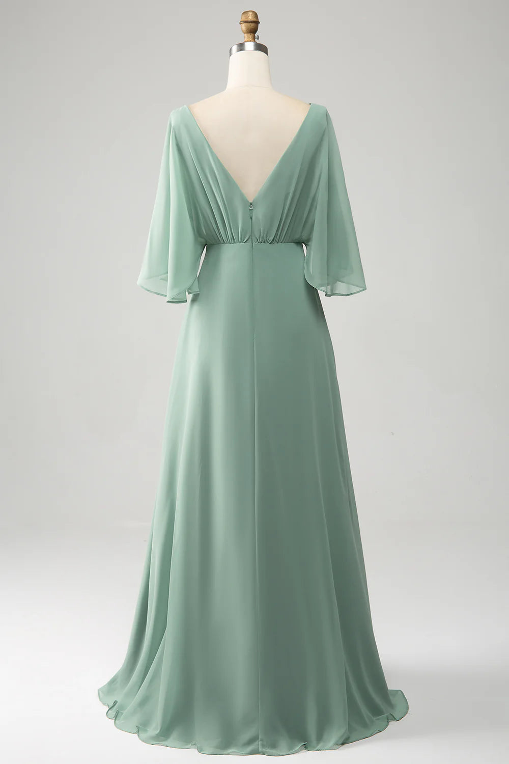 A Line V Neck Pleated Long Chiffon Bridesmaid Dress with Slit