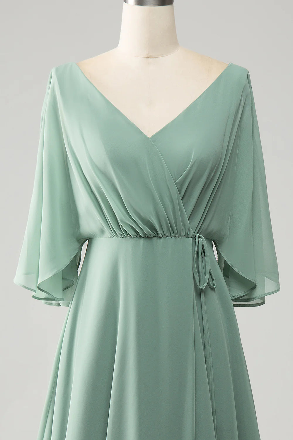 A Line V Neck Pleated Long Chiffon Bridesmaid Dress with Slit