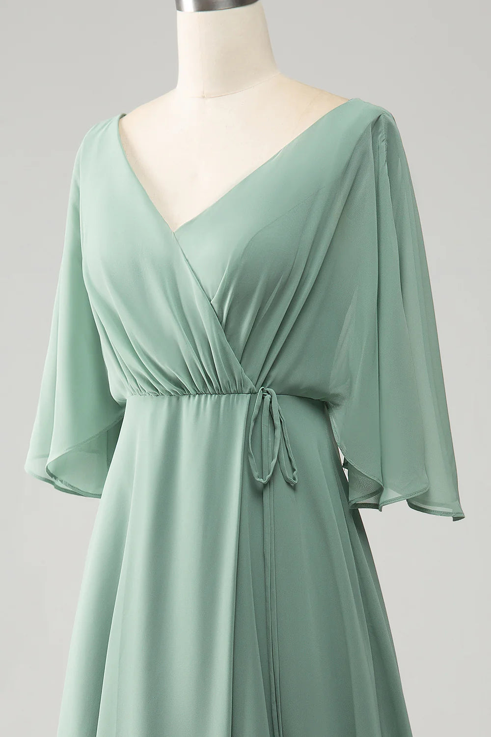 A Line V Neck Pleated Long Chiffon Bridesmaid Dress with Slit