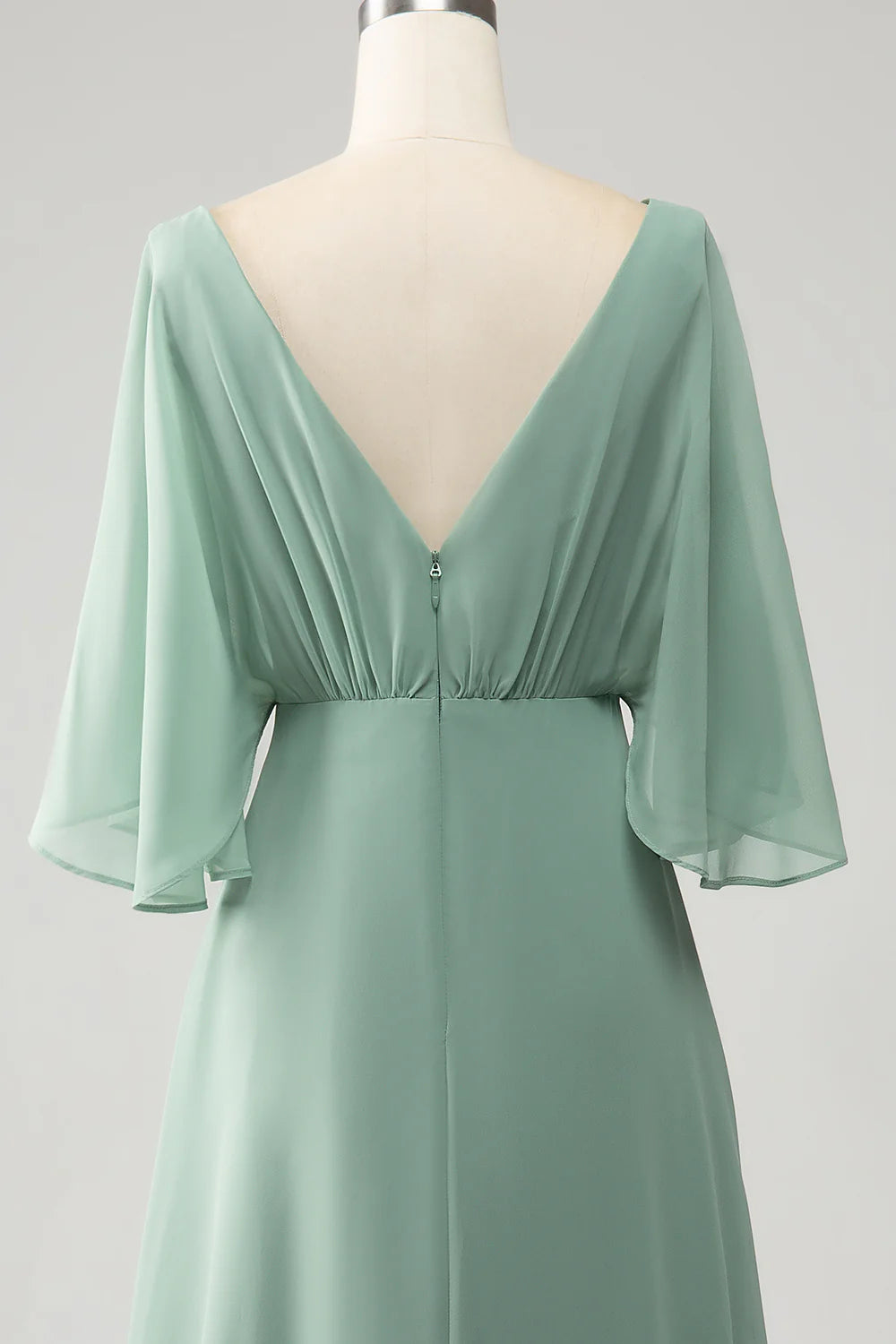 A Line V Neck Pleated Long Chiffon Bridesmaid Dress with Slit