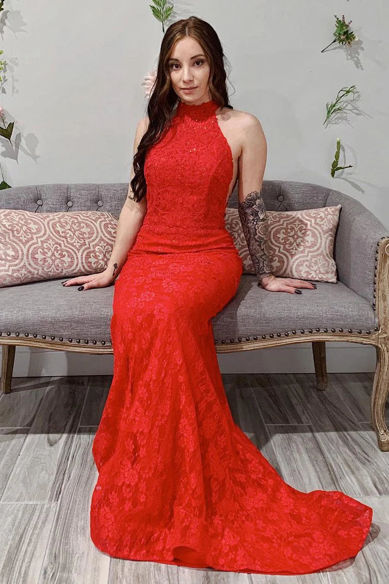 Elegant Mermaid Red Lace High Neck Open Back Train Evening Gown