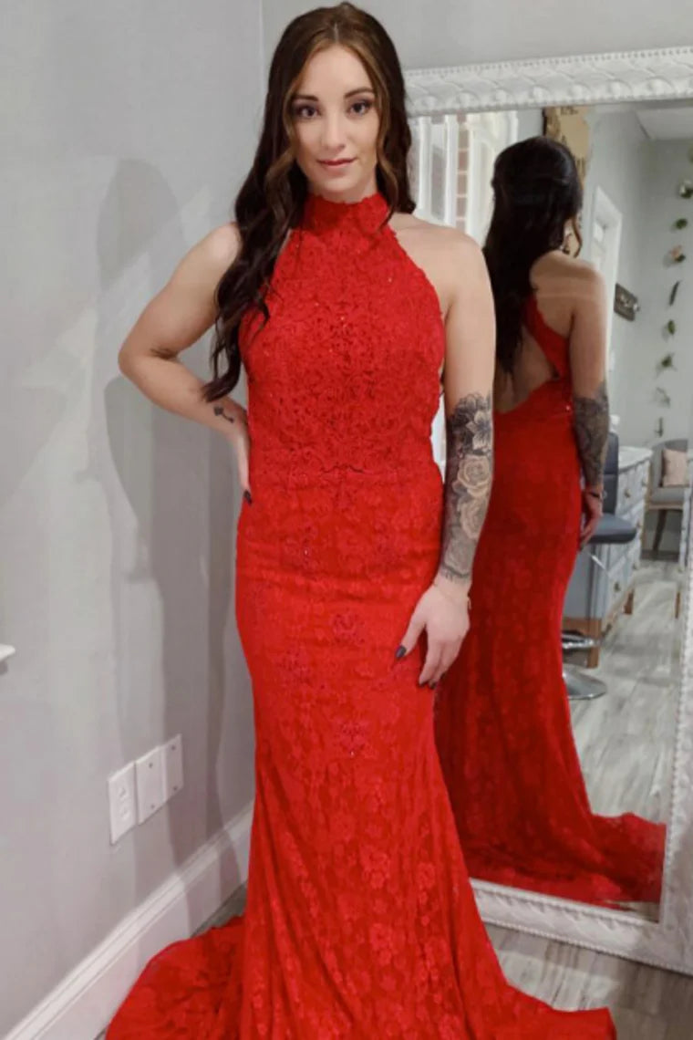 Elegant Mermaid Red Lace High Neck Open Back Train Evening Gown