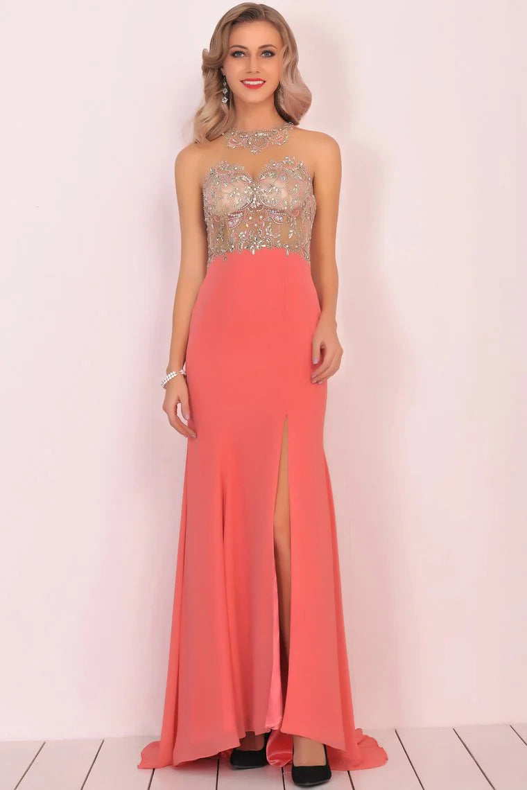 Beaded slit elegant mermaid curved chiffon formal dress