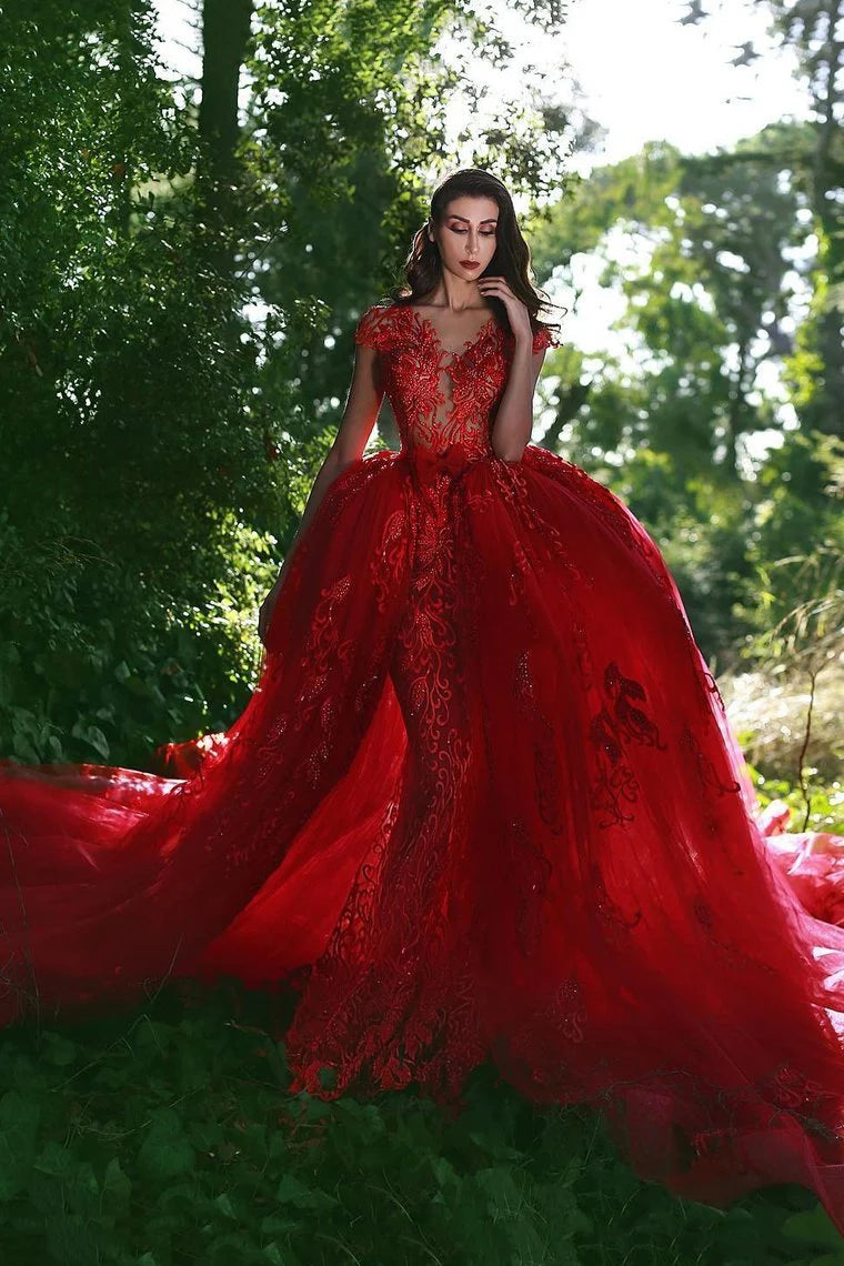 High end red elegant thin gauze hat sleeve dance dress adorned with stickers and beads
