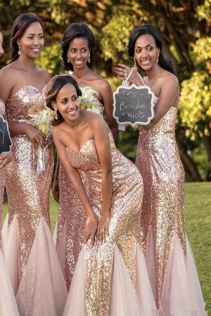 Mermaid sequin rose gold sweetheart shaped long bridesmaid dress