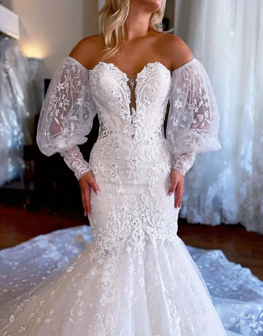 Elegant mermaid, sweet palace train wedding dress, detachable sleeves