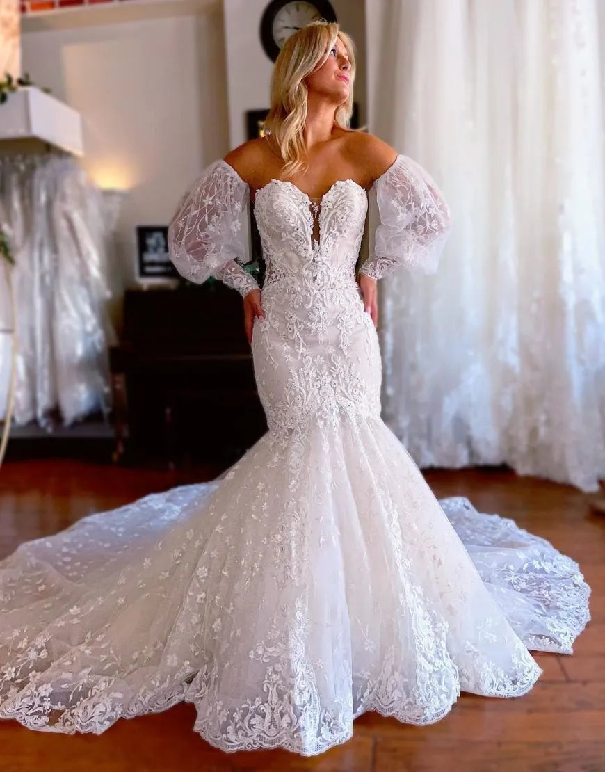 Elegant mermaid, sweet palace train wedding dress, detachable sleeves