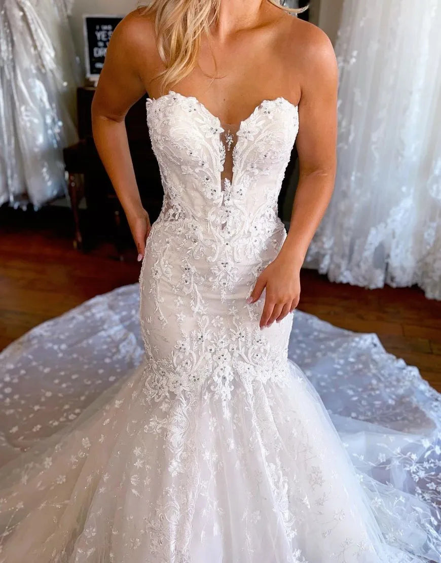 Elegant mermaid, sweet palace train wedding dress, detachable sleeves