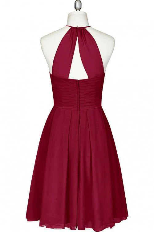 Mini cute off the shoulder wine red chiffon knee length bridesmaid short dress ball dress