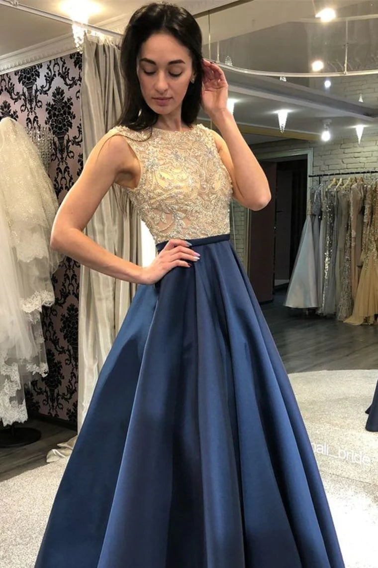 Elegant and dignified beaded blue long elegant satin ball party dress