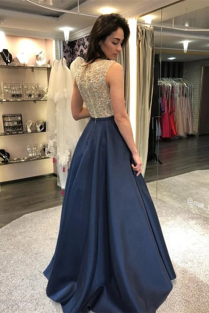 Elegant and dignified beaded blue long elegant satin ball party dress