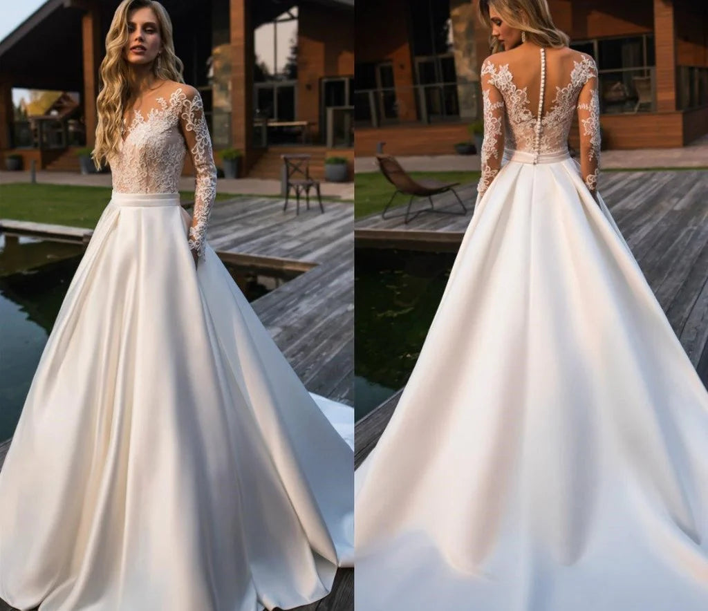 Moderate height long sleeved satin lace long wedding dress