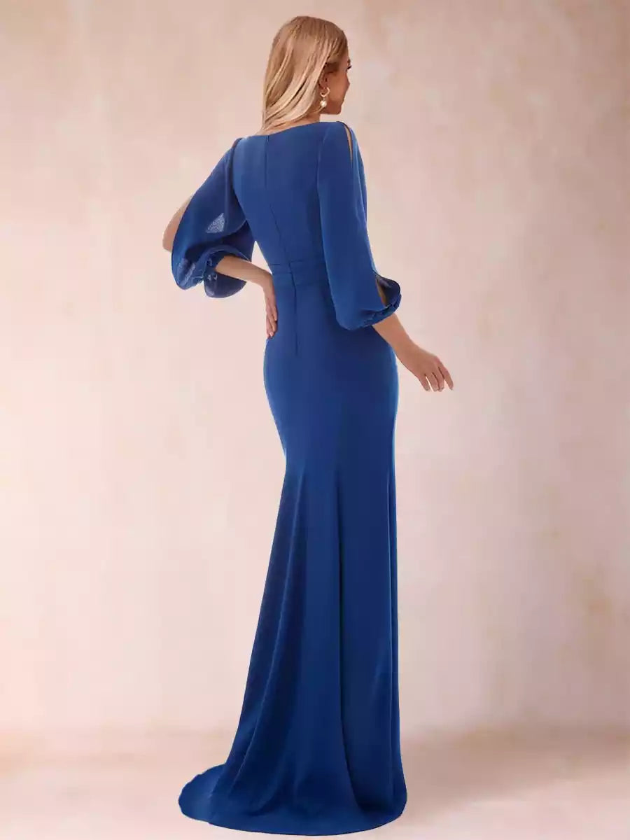 Mother of the Bride Dresses with a charming slim fit/straight V-neck seven quarter sleeve and floor length side slit