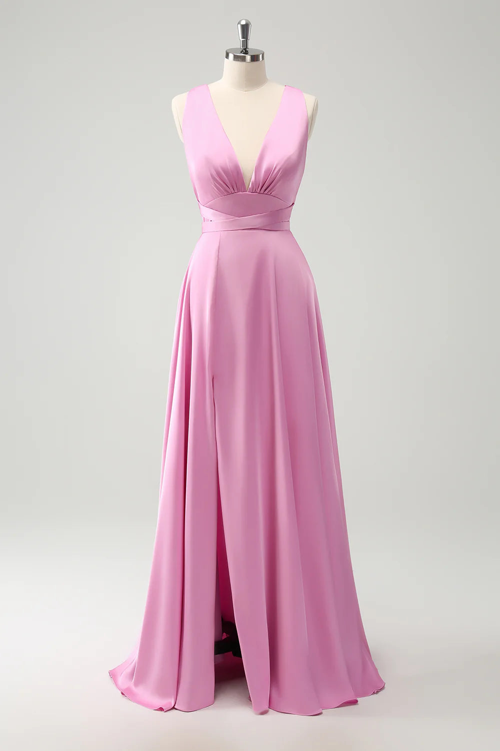A Line Deep V Neck Backless Long Bridesmaid Dress with Slit