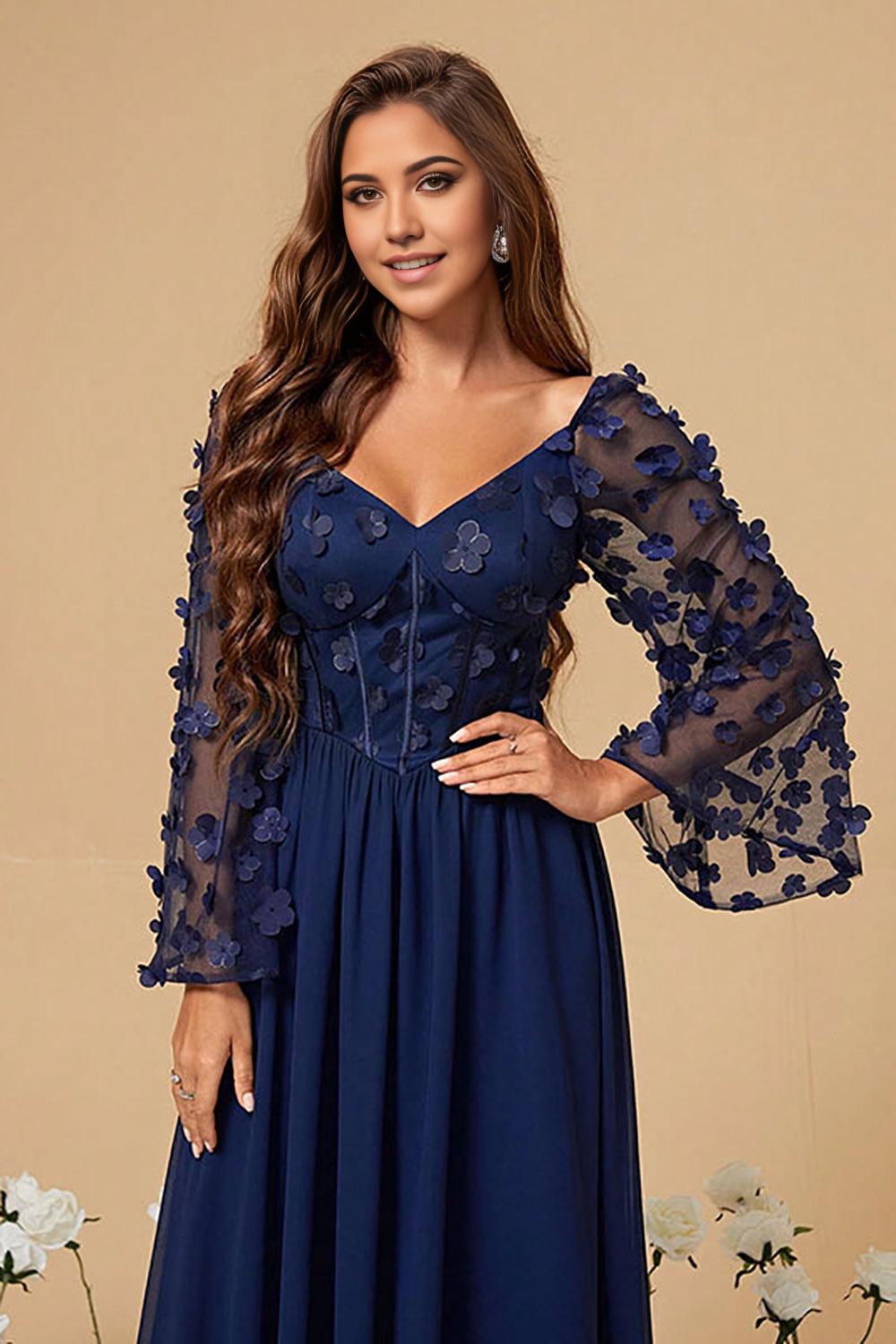A Line Corset Long Navy Corset Mother of the Bride Dresses With Long Sleeves