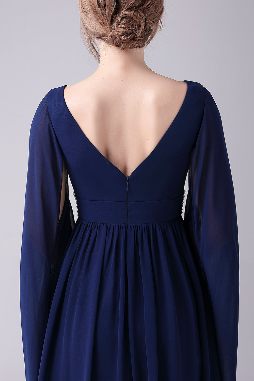 A-Line V-Neck Chiffon Pleated Long Mother Of the Bride Dress Long Sleeves
