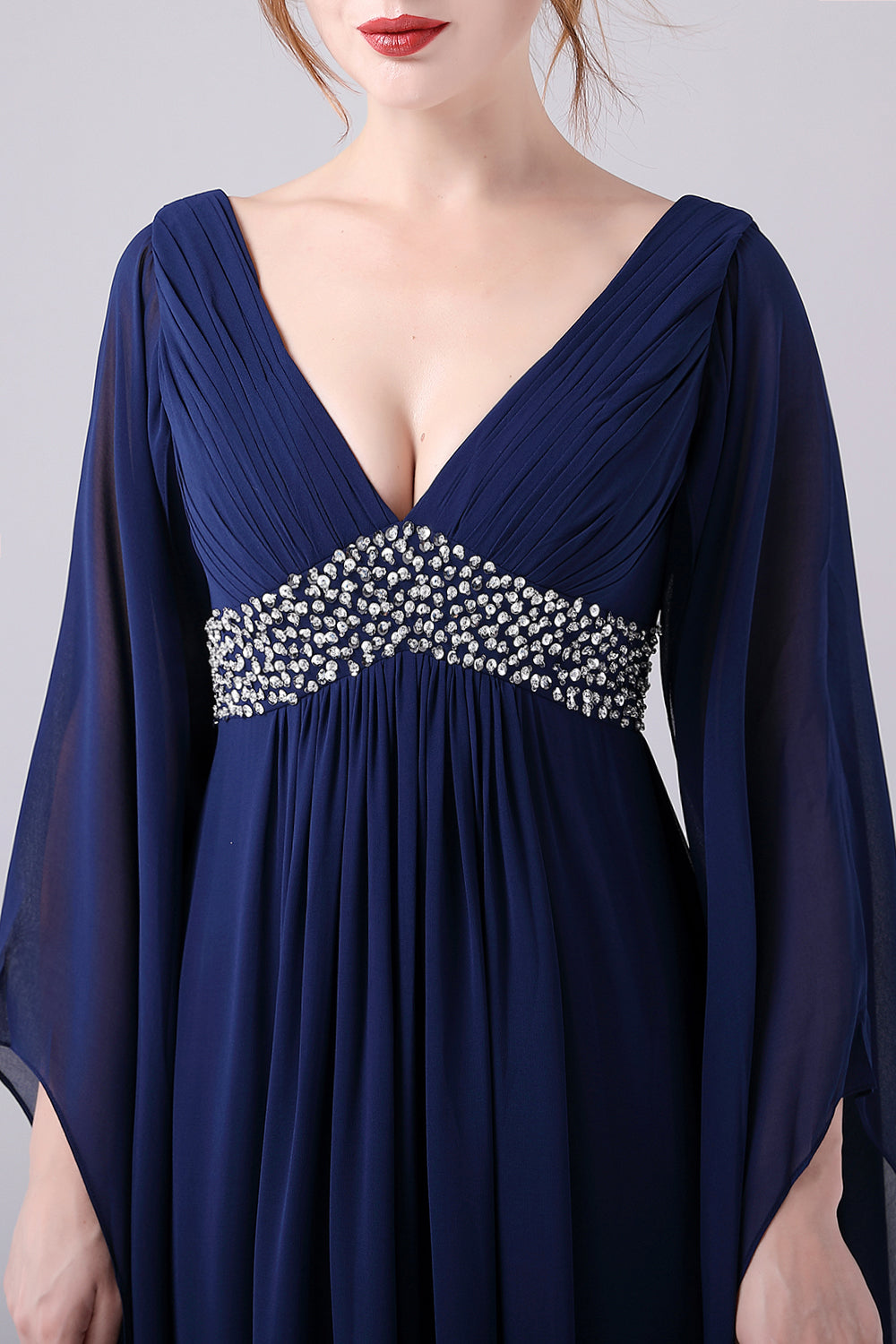 A-Line V-Neck Chiffon Pleated Long Mother Of the Bride Dress Long Sleeves