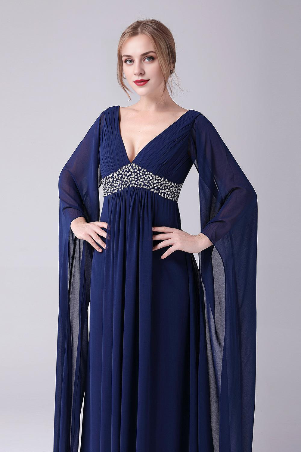 A-Line V-Neck Chiffon Pleated Long Mother Of the Bride Dress Long Sleeves